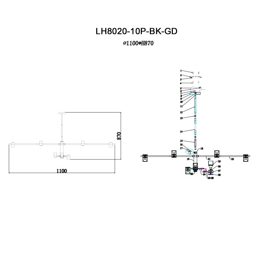 Подвесная люстра Lumien Hall Саурис LH8020/10P-BK-GD
