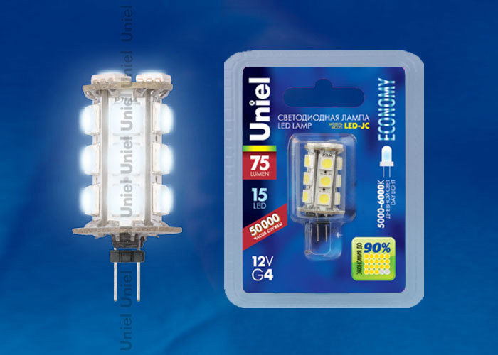 Лампа светодиодная (03973) Uniel G4 0,9W 6500K прозрачная LED-JC-12/0,9W/DW/G4 75lm