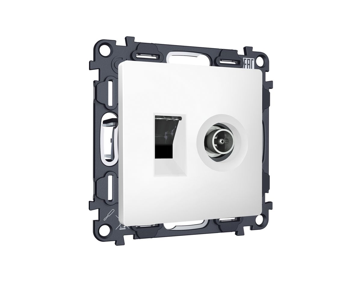 Комплект механизма розетки компьютерной + TV оконечной RJ-45 с автоматической защитной шторкой Alfa Белый матовый Quant Ambrella Volt MA132510 (AP1325, VM195)