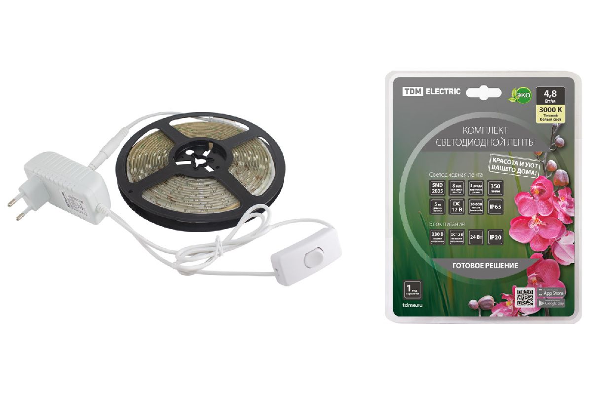 Светодиодная влагозащищенная лента TDM Electric 12В 2835 4,8Вт/м 3000K 5м IP65 SQ0331-0229