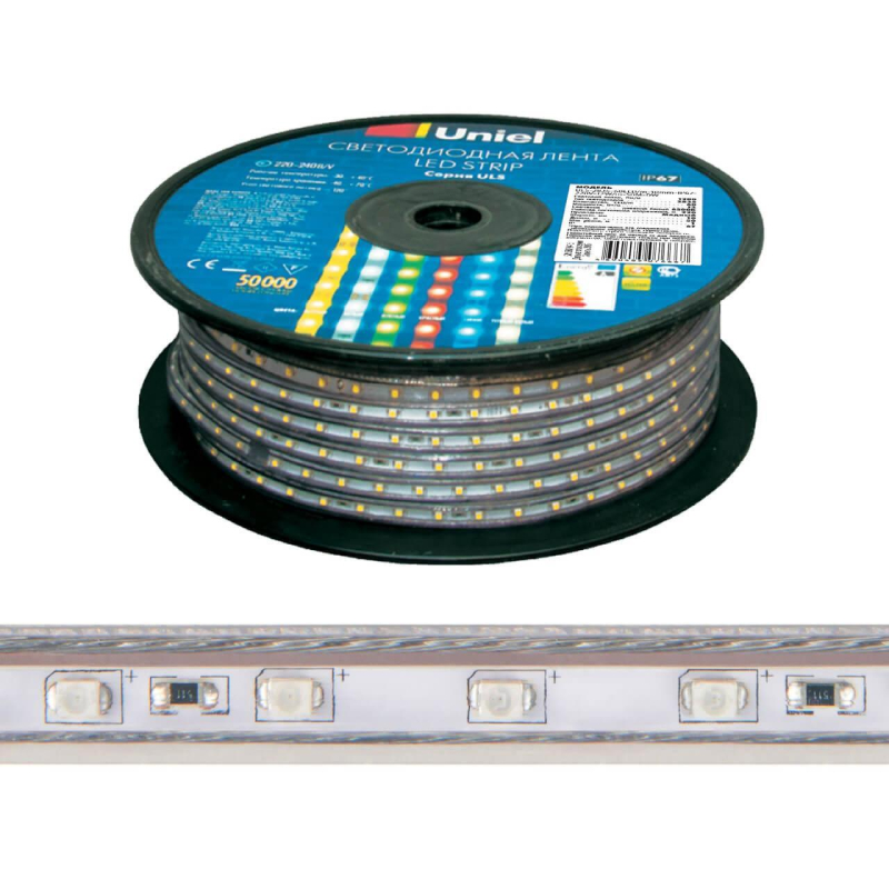 Светодиодная влагозащищенная лента Uniel (UL-00006480) 10W/m 120LED/m 2835SMD дневной белый 50M ULS-2835-120LED/m-10mm-IP67-220V-10W/m-50M-6500K