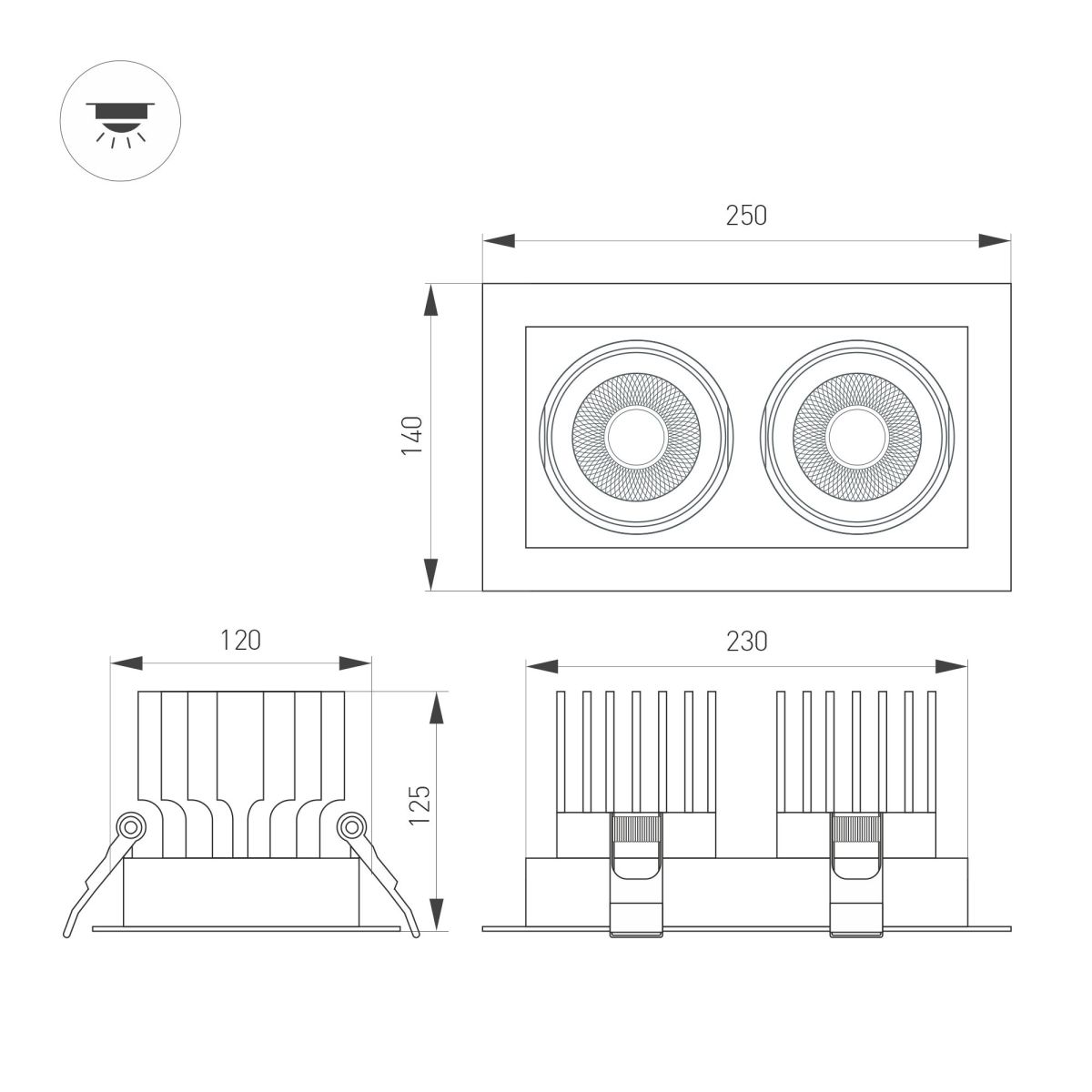 Встраиваемый карданный светильник Arlight MS-VORTEX-BUILT-S250x140-2x30W Warm3000 (WH-WH, 30 deg, 230V) (IP20 Металл) 057766