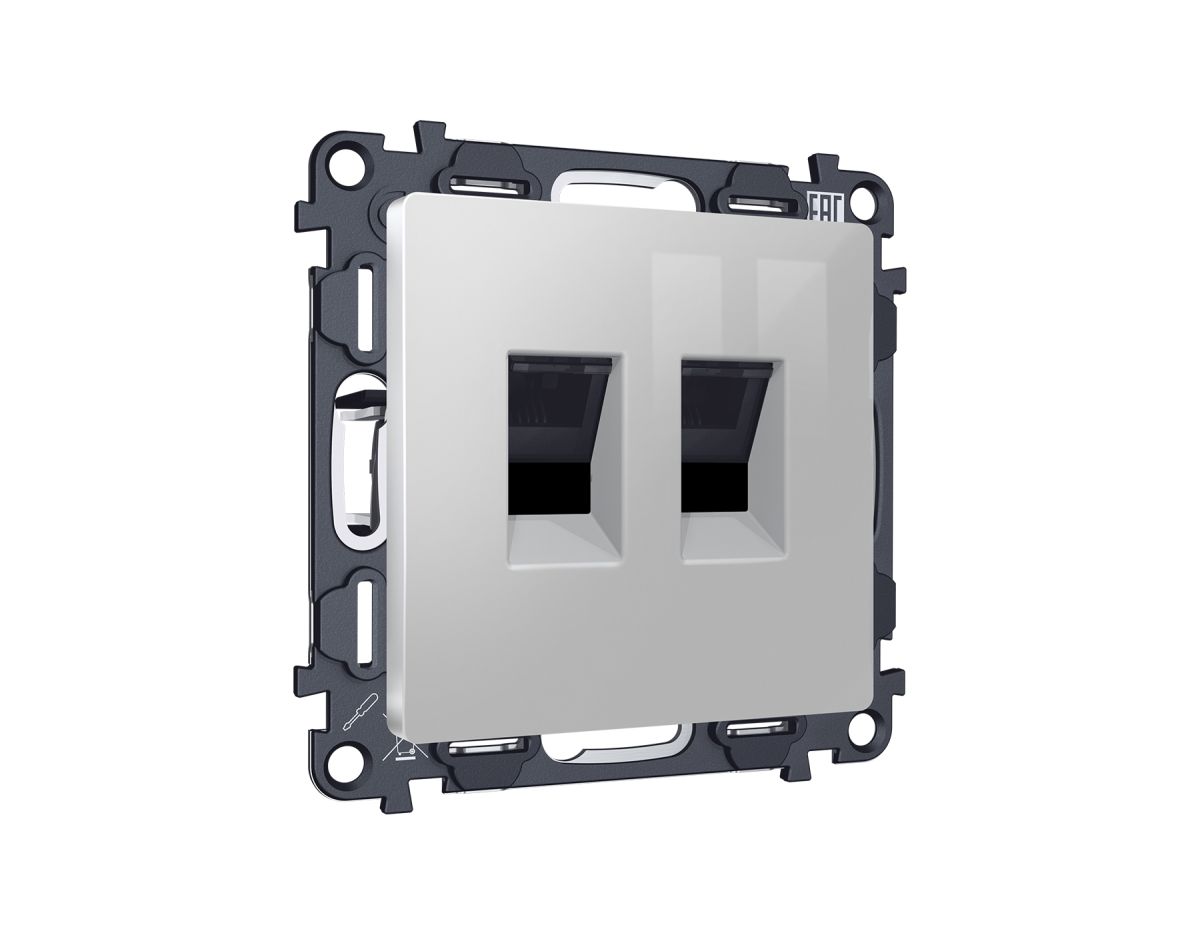 Комплект механизма компьютерной двойной розетки RJ-45 Ambrella Volt MA412110 (8P8C) CAT6 с автоматической защитной шторкой Alfa Серебро глянец Quant