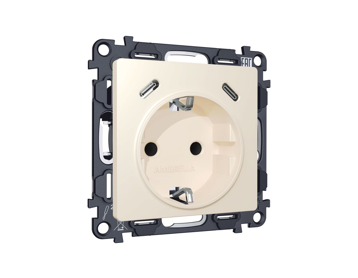 Комплект механизма электрической розетки 2USB С+C 20W с/з на винтовых зажимах 16A-250V Alfa Бежевый матовый Quant Ambrella Volt MA330510 (AP3305, VM165)